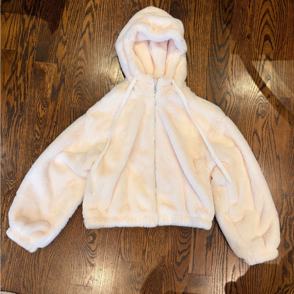 SHEIN Light Pink Faux Fur Teddy Jacket with Hood